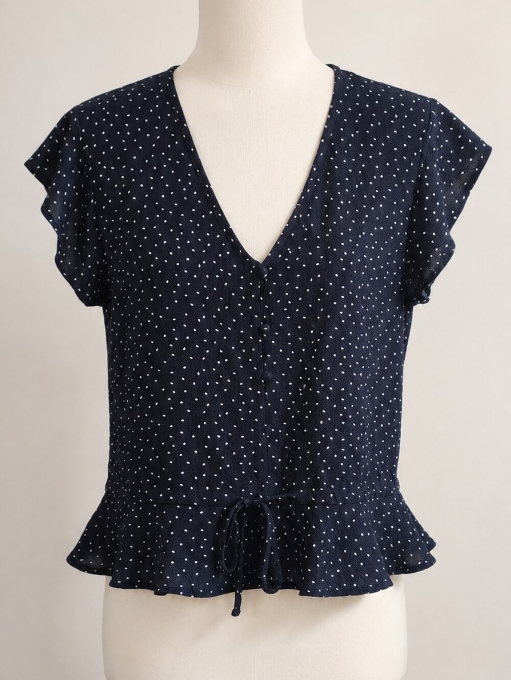 V-Neck Navy Short Sleeve Peplum Blouse with Drawstring